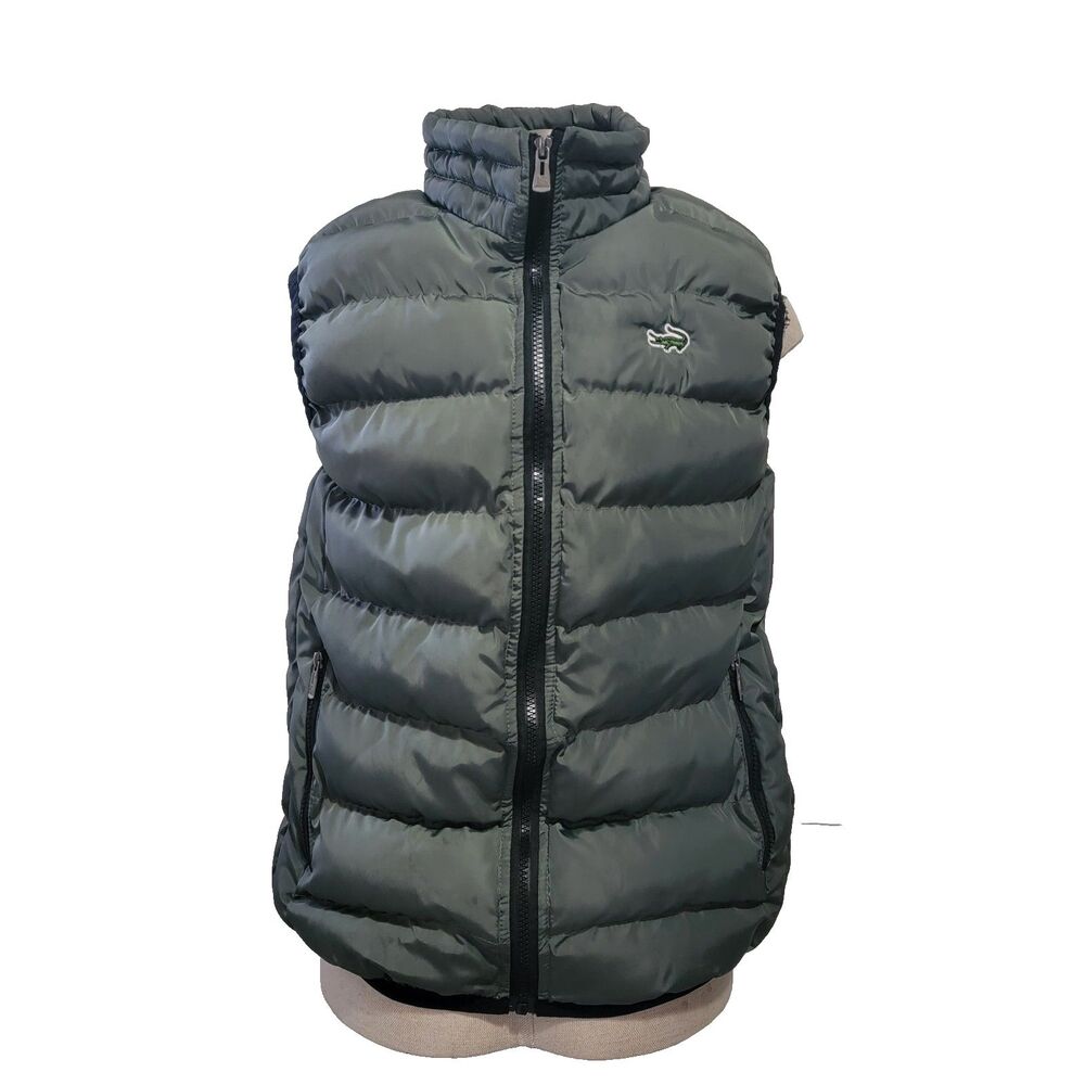 Lacoste Vest Mens XL Olive Green Quilted Puffer Full Zip Logo Outdoor BodyWarmer